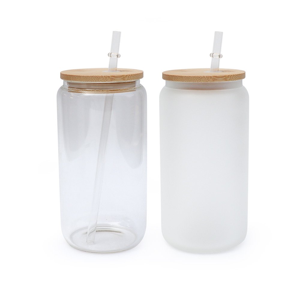 Ready to Ship 12oz 16oz 20oz 25oz frosted clear glass can sublimation tumbler with bamboo lid and plastic straw