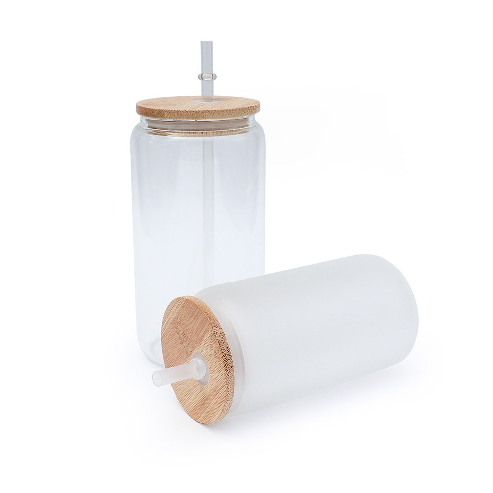 Ready to Ship 12oz 16oz 20oz 25oz frosted clear glass can sublimation tumbler with bamboo lid and plastic straw