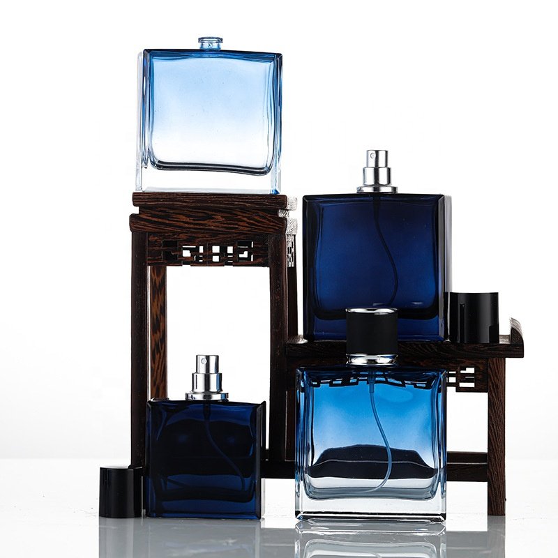 Luxury Men Perfume Packaging 50ml 100ml Square Gradient Blue Empty Perfume Glass Bottle