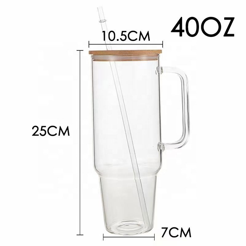 40oz Clear Frosted Sublimation Glass Tumbler With Bamboo Lid And Straw Reusable Iced Coffee Car Glass Bottle With Handle