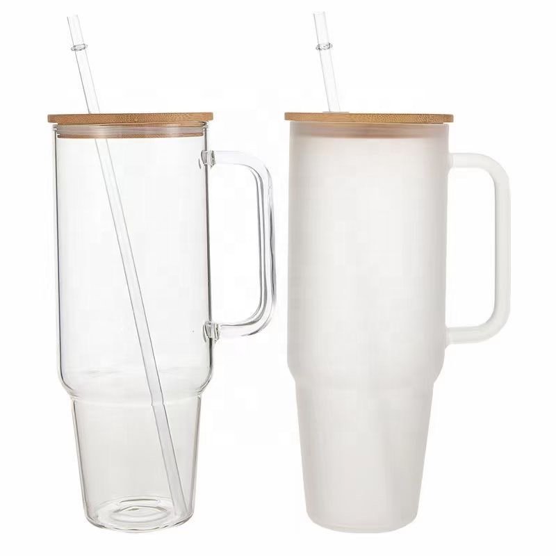 40oz Clear Frosted Sublimation Glass Tumbler With Bamboo Lid And Straw Reusable Iced Coffee Car Glass Bottle With Handle