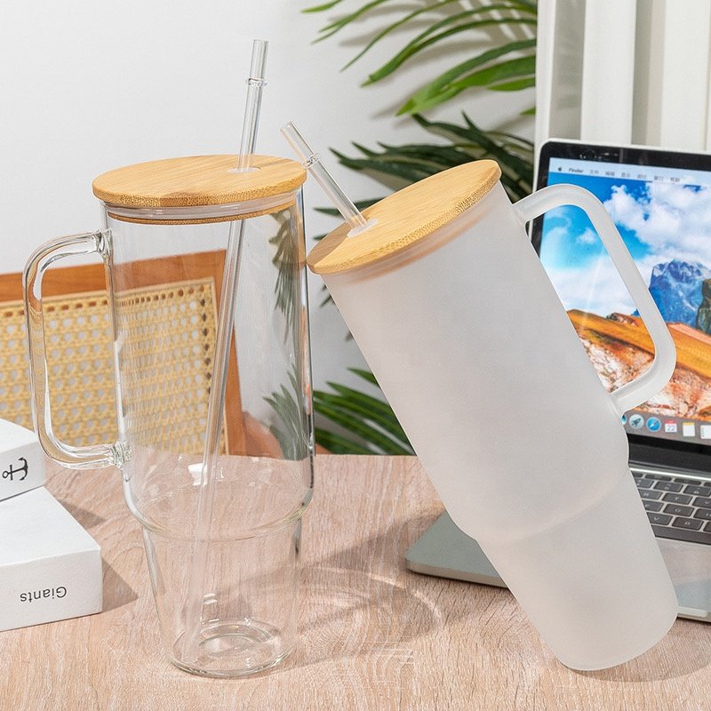 40oz Clear Frosted Sublimation Glass Tumbler With Bamboo Lid And Straw Reusable Iced Coffee Car Glass Bottle With Handle