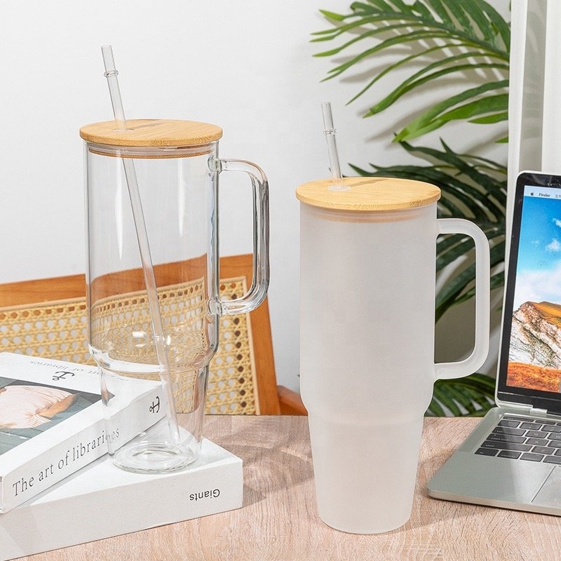 40oz Clear Frosted Sublimation Glass Tumbler With Bamboo Lid And Straw Reusable Iced Coffee Car Glass Bottle With Handle
