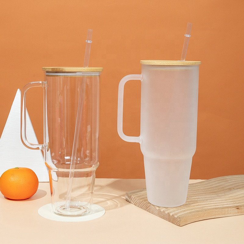 40oz Clear Frosted Sublimation Glass Tumbler With Bamboo Lid And Straw Reusable Iced Coffee Car Glass Bottle With Handle