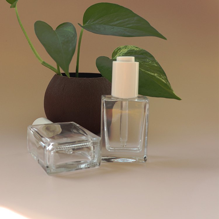 30 ml and 50 ml clear square glass bottle with white press essential oil dropper