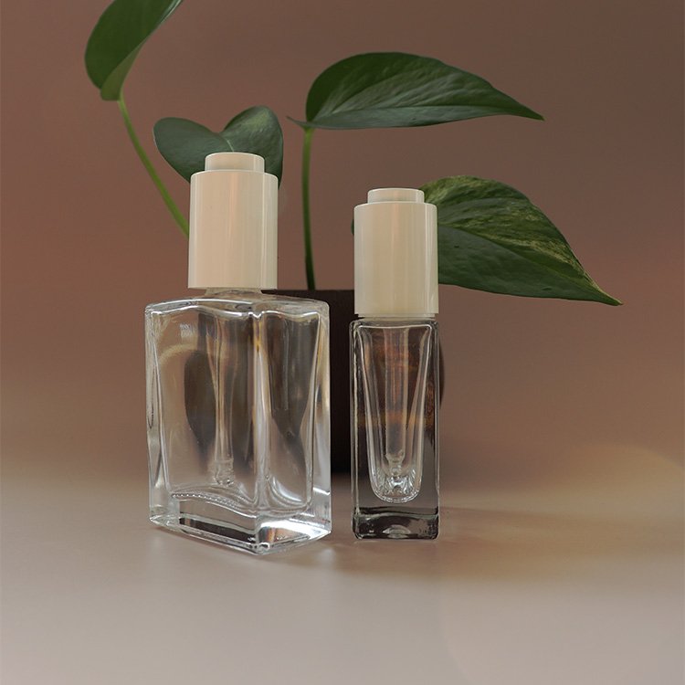 30 ml and 50 ml clear square glass bottle with white press essential oil dropper