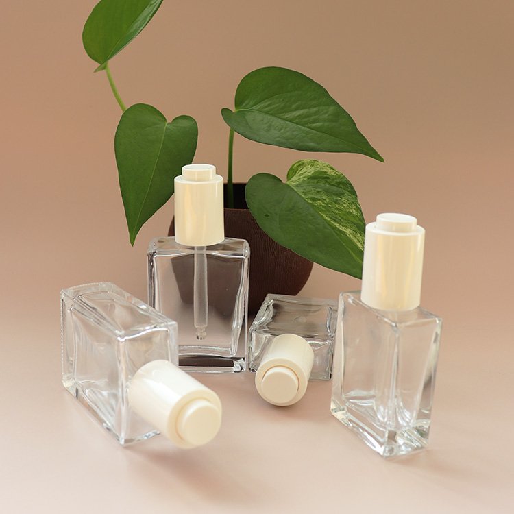 30 ml and 50 ml clear square glass bottle with white press essential oil dropper