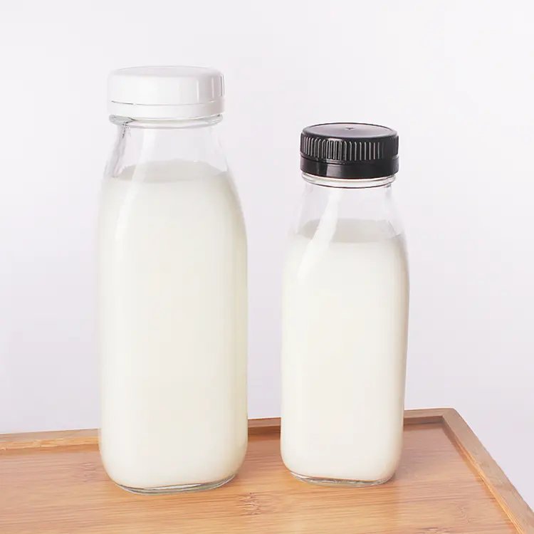 300ml 500ml Food grade glass bottles, Square Milk Jars with Lids,clear milk bottle holder with plastic lids