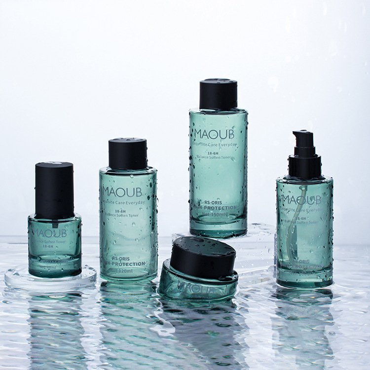 Customized High-End Glass Makeup Skin Care Packaging Set frosted Pressure Pump Spray Dropper Glass Bottle and cream Jar