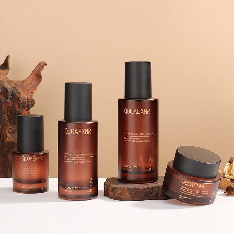 Customized High-End Glass Makeup Skin Care Packaging Set frosted Pressure Pump Spray Dropper Glass Bottle and cream Jar