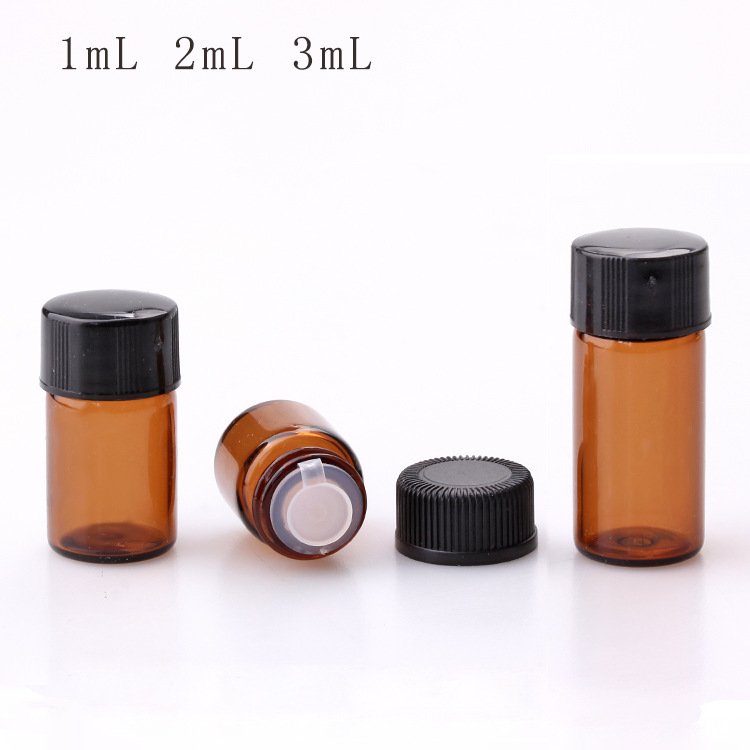 Wholesale 1ml 2ml 3ml 5ml empty amber dark brown essential oil sample glass bottle with orifice reducer stopper and screw cap