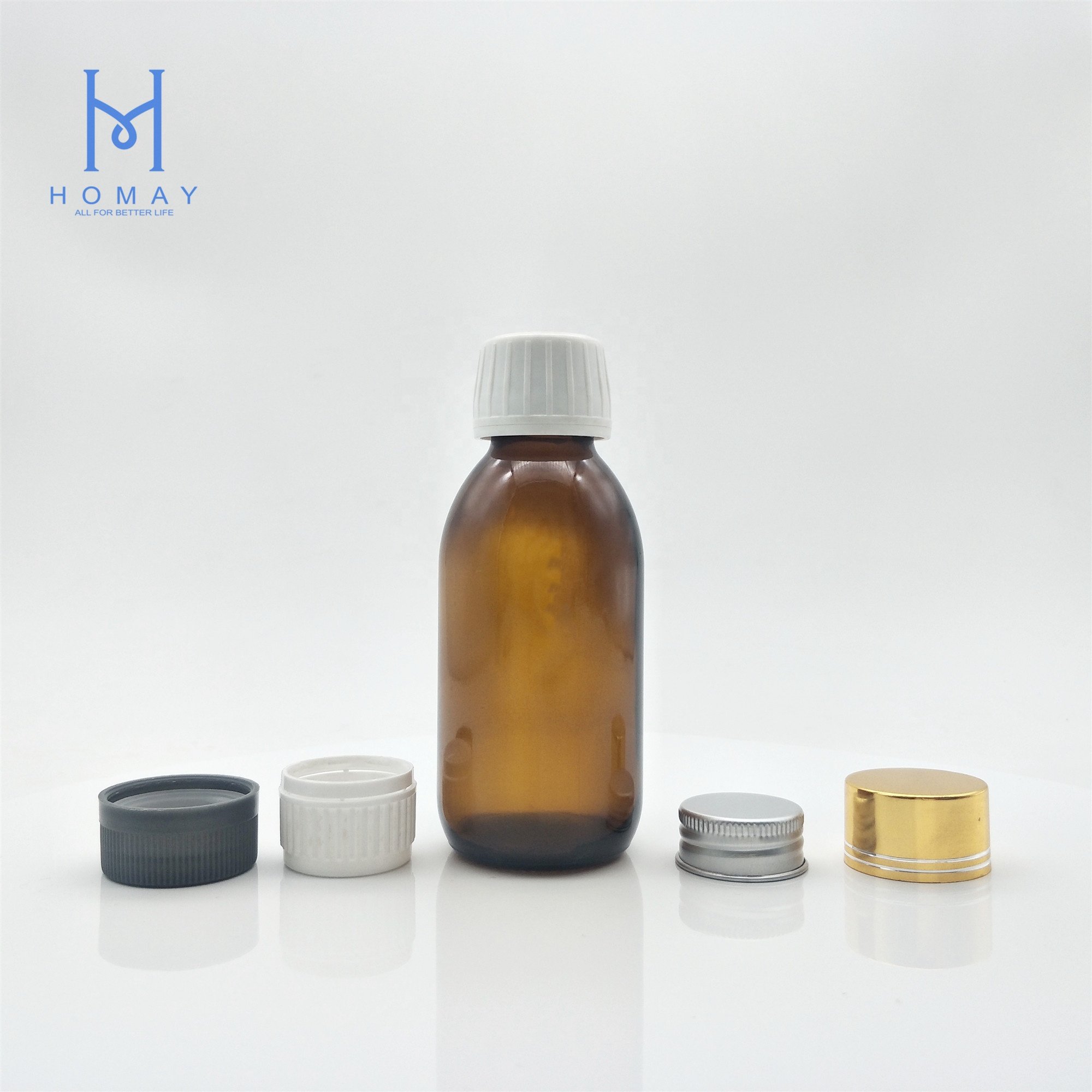 Hot sale 30ml 60ml 100ml 125ml 150ml 200ml 250ml amber syrup glass bottle with cap for drinking