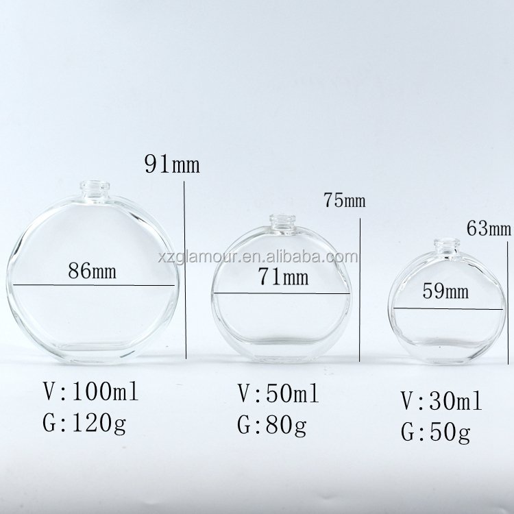 New original flat round shape custom 50ml 100ml empty perfume spray glass bottle for cosmetic essence for men