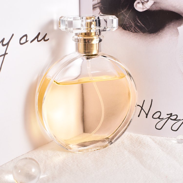 New original flat round shape custom 50ml 100ml empty perfume spray glass bottle for cosmetic essence for men