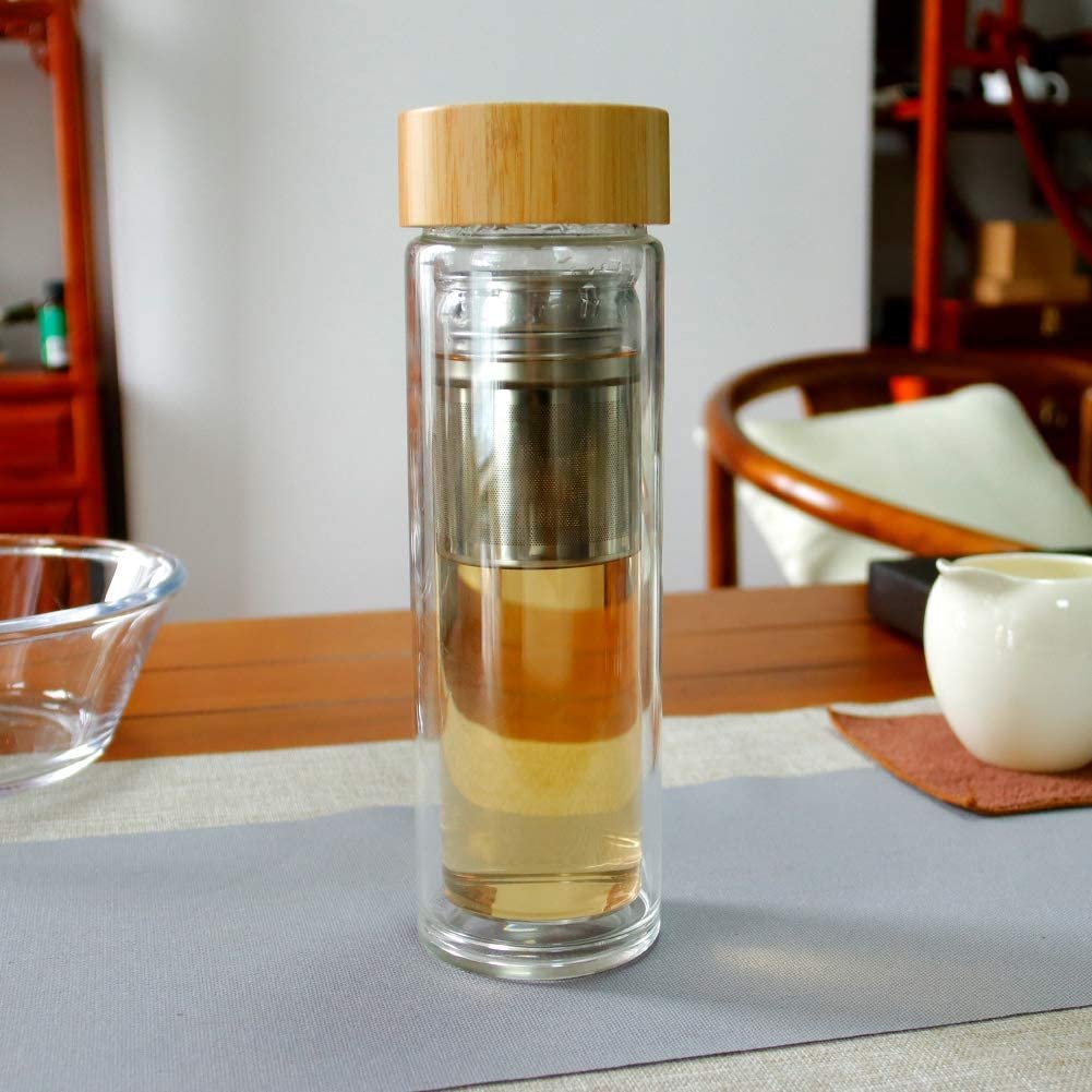 Tea Glass Bottle Double Wall Clear Glass Drinking Water Bottle with Infuser and Seal bamboo Lid