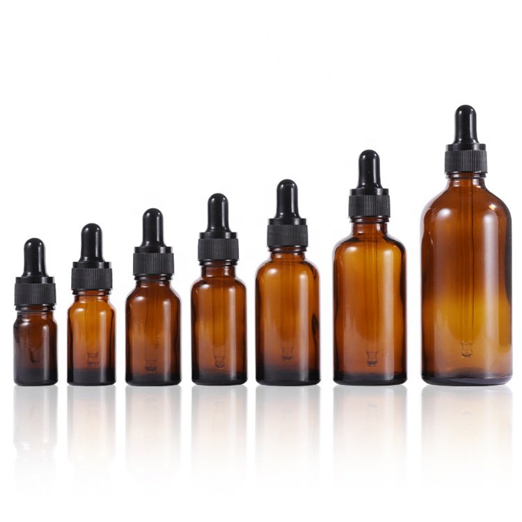 Refillable 5ml 10ml 15ml 20ml 30ml 50ml 100ml Euro Round Amber Glass Serum Essential Oil Tincture Dropper Bottle with Bamboo Cap