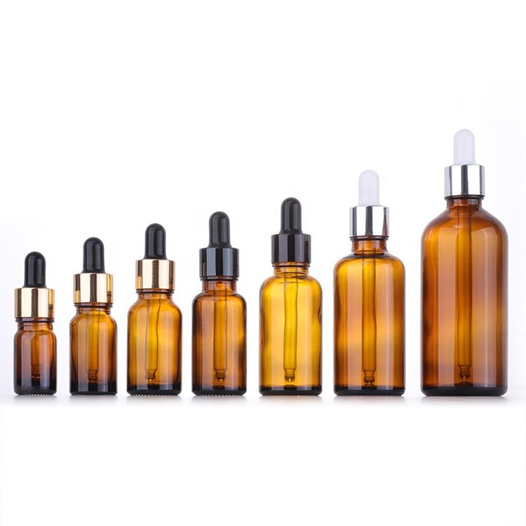 Refillable 5ml 10ml 15ml 20ml 30ml 50ml 100ml Euro Round Amber Glass Serum Essential Oil Tincture Dropper Bottle with Bamboo Cap