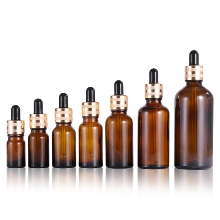 Refillable 5ml 10ml 15ml 20ml 30ml 50ml 100ml Euro Round Amber Glass Serum Essential Oil Tincture Dropper Bottle with Bamboo Cap