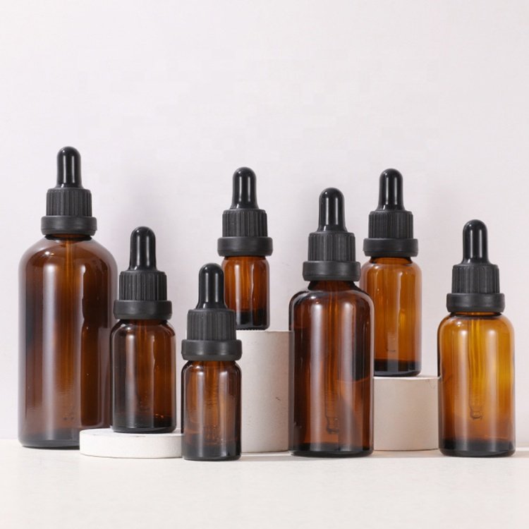 Refillable 5ml 10ml 15ml 20ml 30ml 50ml 100ml Euro Round Amber Glass Serum Essential Oil Tincture Dropper Bottle with Bamboo Cap