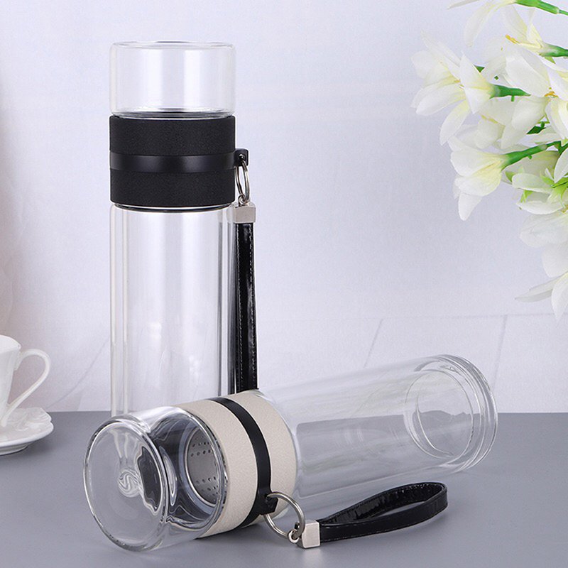 Promotional 400ml Double Wall Borosilicate Glass Water Bottle with Tea Cup