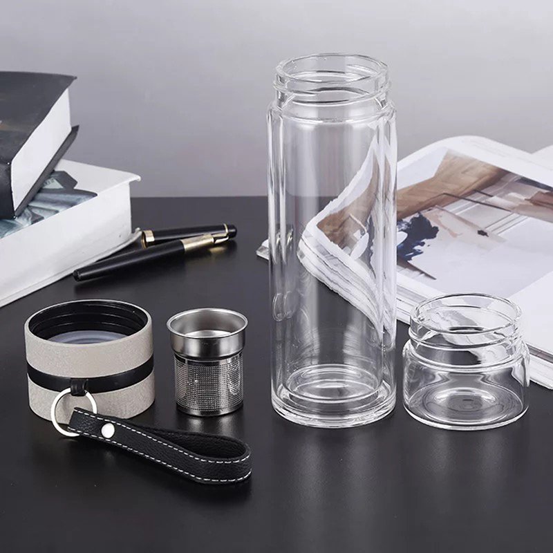 Promotional 400ml Double Wall Borosilicate Glass Water Bottle with Tea Cup