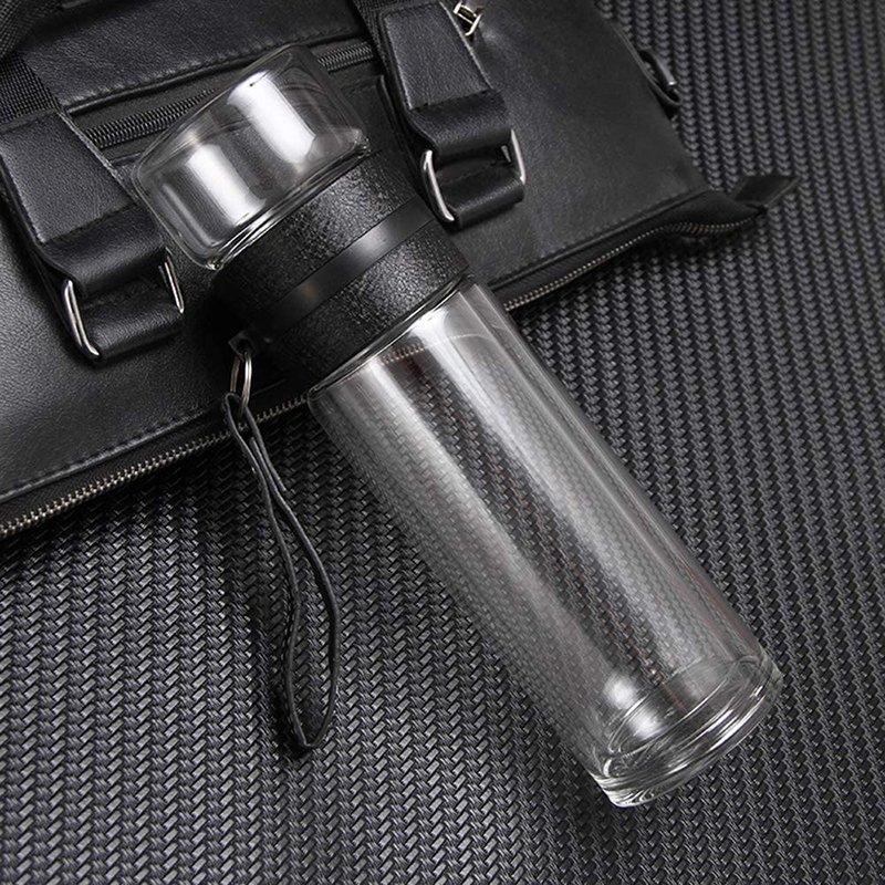 Promotional 400ml Double Wall Borosilicate Glass Water Bottle with Tea Cup