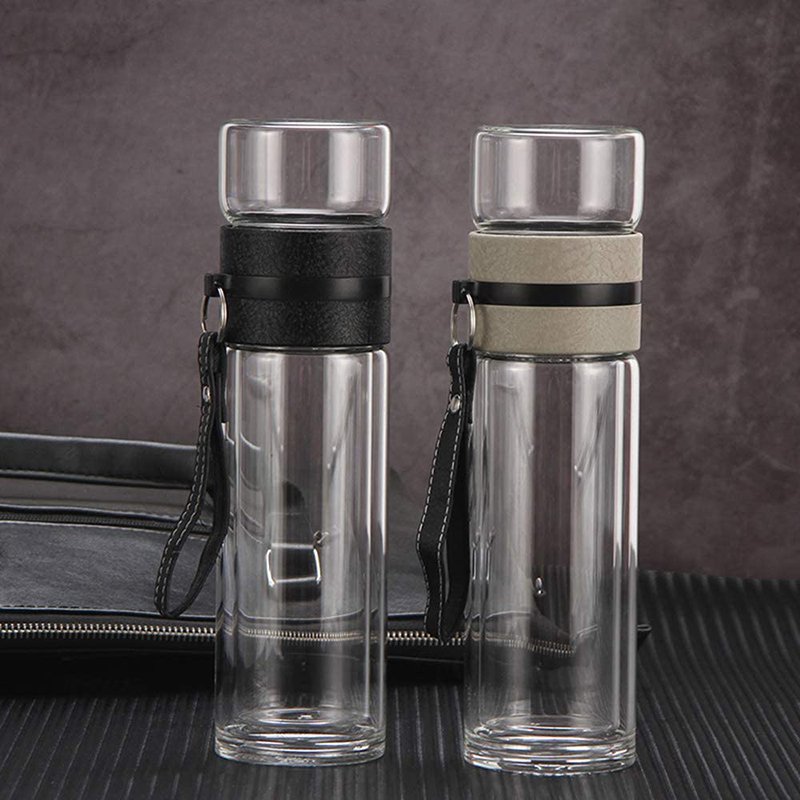 Promotional 400ml Double Wall Borosilicate Glass Water Bottle with Tea Cup