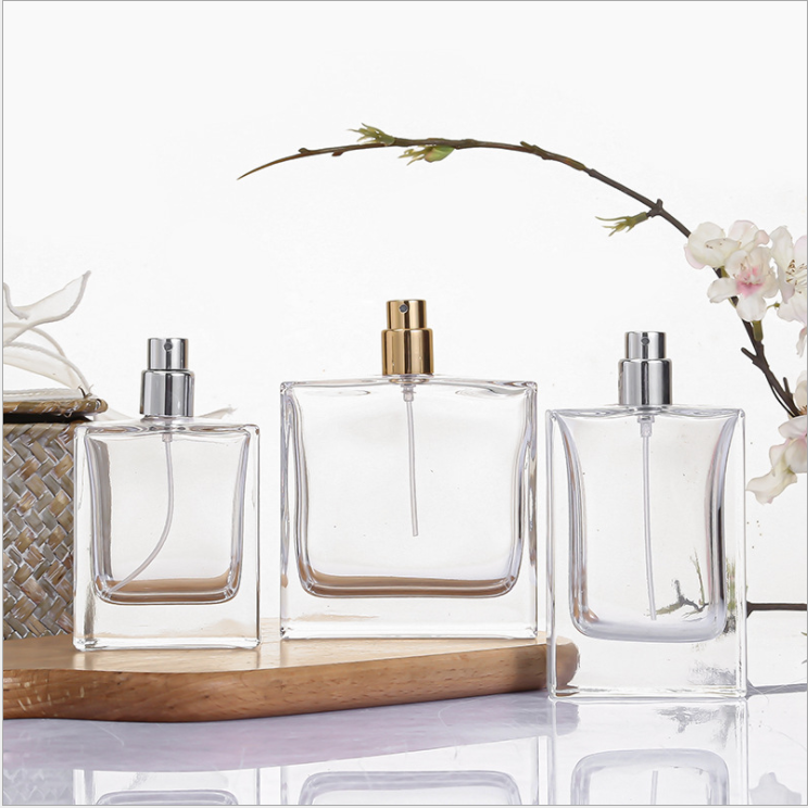 Perfume Bottle with Box Aluminium Spray Glass Luxury Custom Empty Refillable Square 30ml 50ml 100ml Amber Screen Printing Square