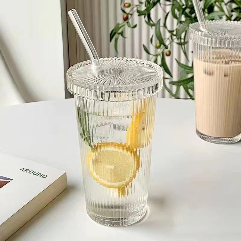 Simple Ribbed Vertical Stripes glass cup, slant height drinking glass bottle, travel coffee mug cup tumbler with straw