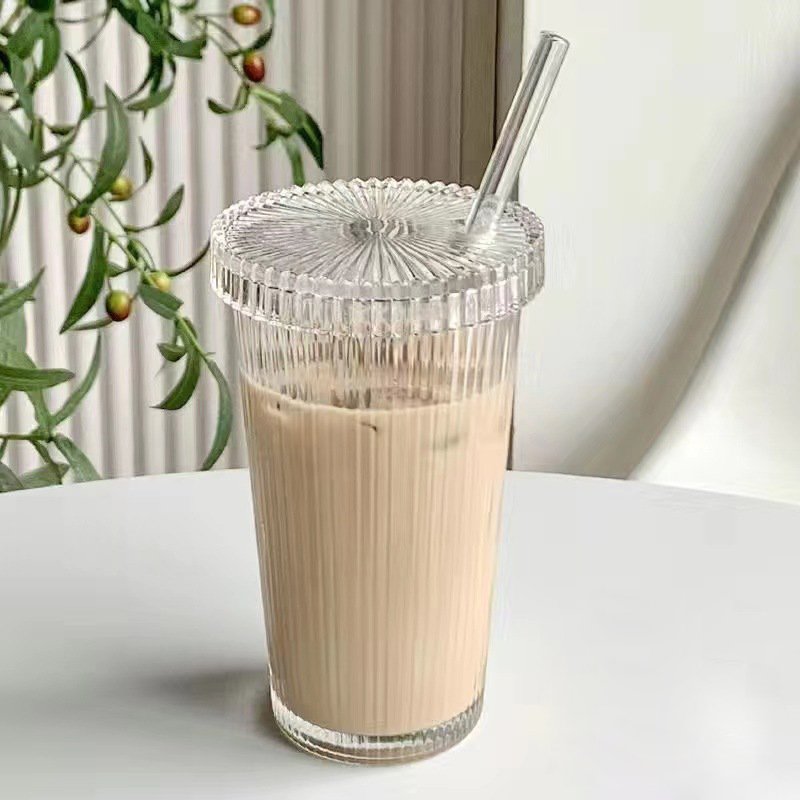 Simple Ribbed Vertical Stripes glass cup, slant height drinking glass bottle, travel coffee mug cup tumbler with straw