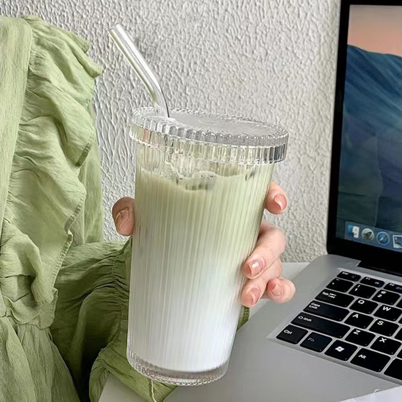 Simple Ribbed Vertical Stripes glass cup, slant height drinking glass bottle, travel coffee mug cup tumbler with straw