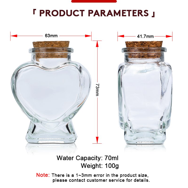 Empty 50ml 70ml 2oz Heart Shape Clear Glass Vial Bottle pendant Wishing glass bottle with cork stopper