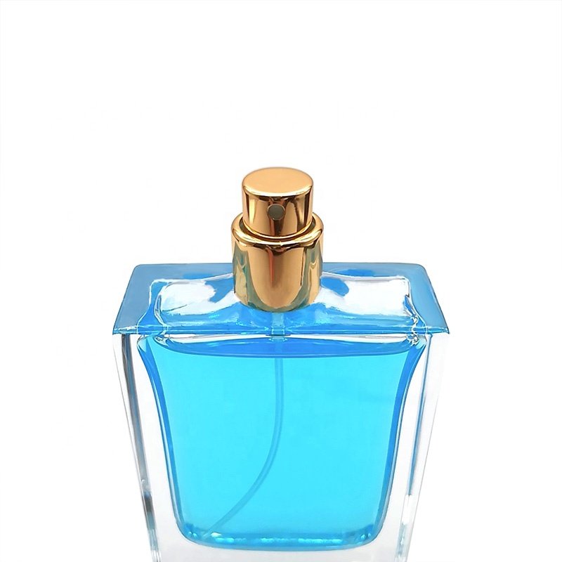 High-end Recyclable Empty Fancy Square Shape Transparent Glass Perfume Bottle with Gold Spray Pump 50ml