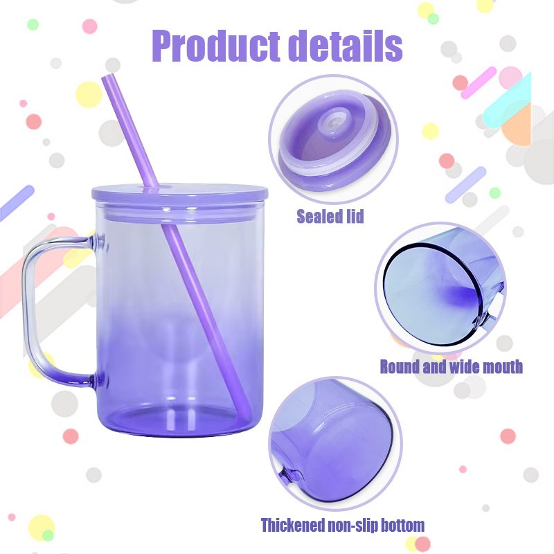 USA warehouse ombre glass can with handle New arrival gradient jelly sublimation 17oz glass tumbler with handle and colors lids