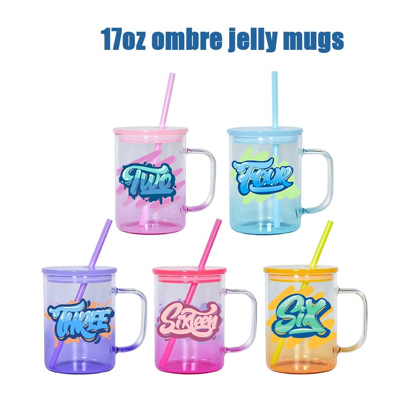 USA warehouse ombre glass can with handle New arrival gradient jelly sublimation 17oz glass tumbler with handle and colors lids