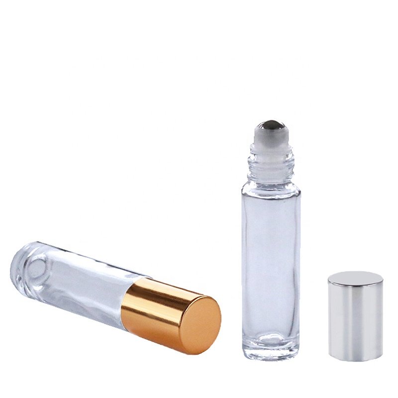 In stock Empty Round Cylinder 10ml 15ml Roll on Glass Bottle Mini Perfume roller Bottle with Silver Gold Cap(NRB01)