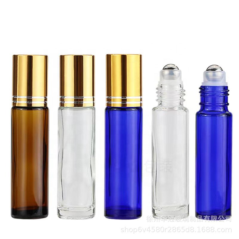 In stock Empty Round Cylinder 10ml 15ml Roll on Glass Bottle Mini Perfume roller Bottle with Silver Gold Cap(NRB01)