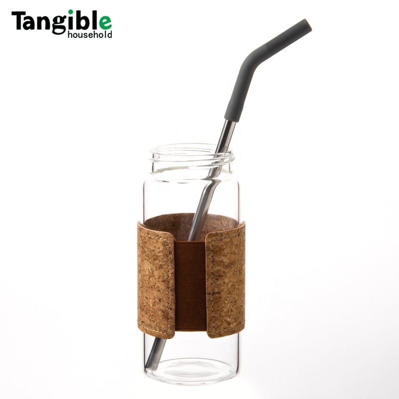 Stocked high borosilicate glass water bottle with straw and screw bamboo lid for summer drinking