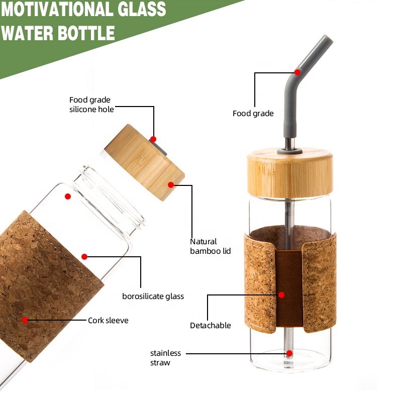 Stocked high borosilicate glass water bottle with straw and screw bamboo lid for summer drinking