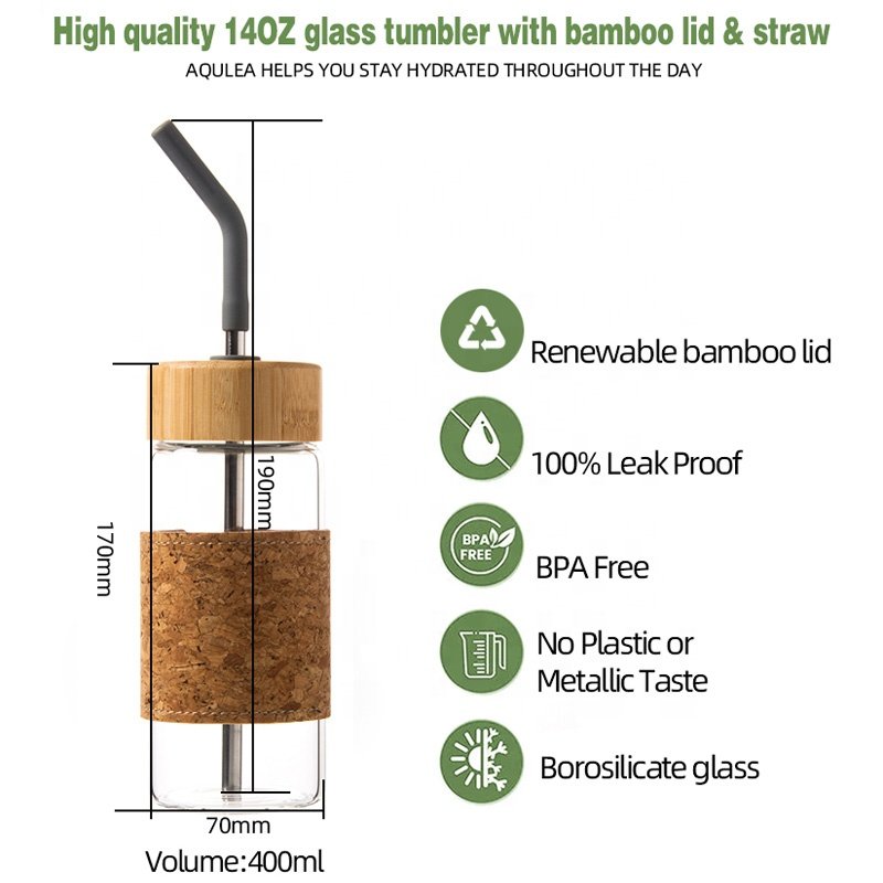 Stocked high borosilicate glass water bottle with straw and screw bamboo lid for summer drinking