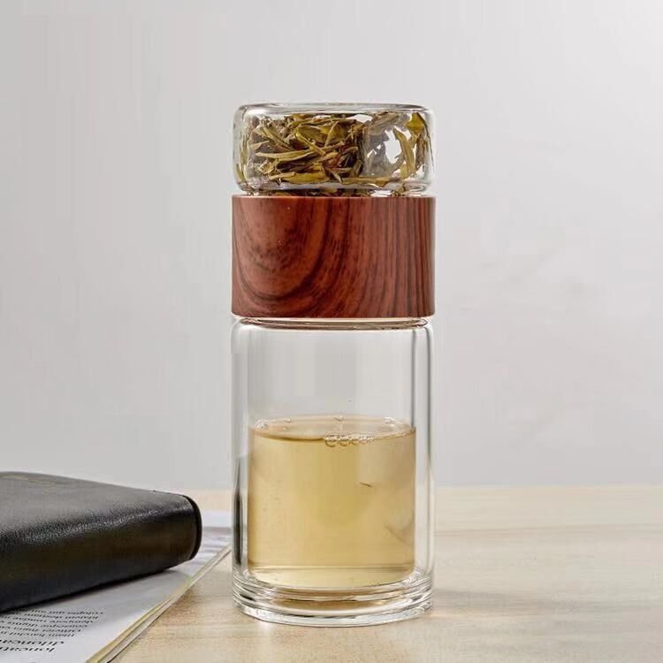 Promotional Custom Logo High Quality Double Insulated Glass Clear Water Bottle With Bamboo Lid Tea Infuser