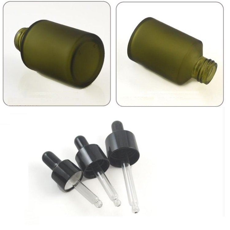 High Quality Empty Cosmetic Serum Essential Oil Packaging Pipette Dropper Lid Olive Green Frosted Glass Bottle 15ML 30ML 60ML