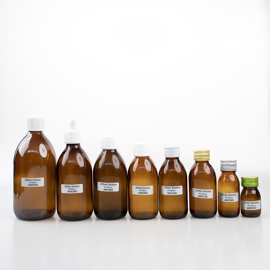30ml 60ml 125ml 150ml 200ml 250ml 300ml 500ml amber round pharmaceutical glass cough syrup bottle with plastic cap