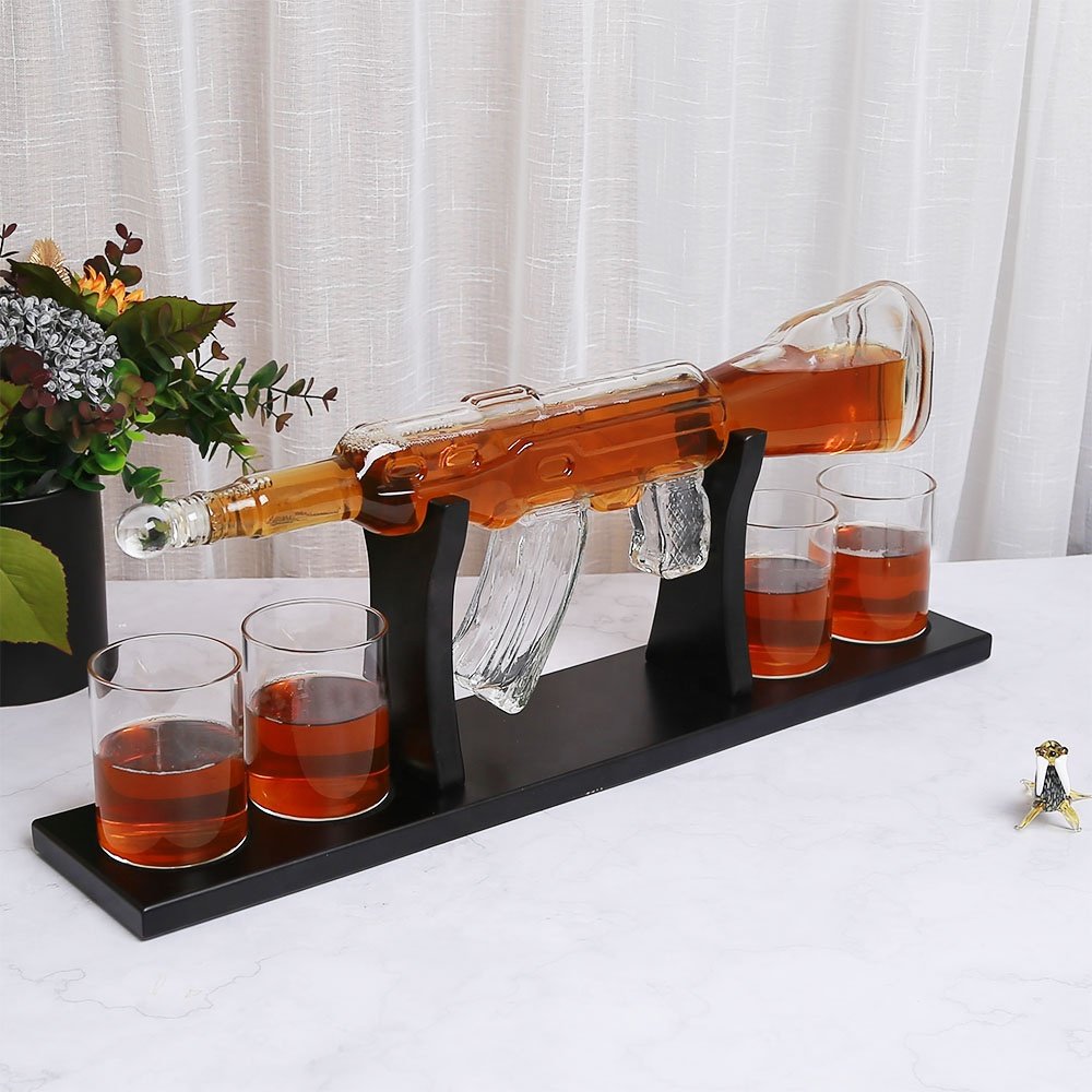 Handmade glass bottle Decanter AK 47 Gun Shape bottle glass Whiskey Decanter And glasses Sets