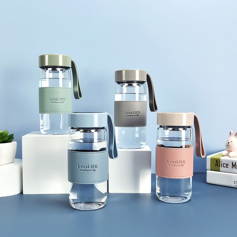 New Ins 480ml private label clear drinking cup portable borosilicate travel glass fruit water bottle with filter