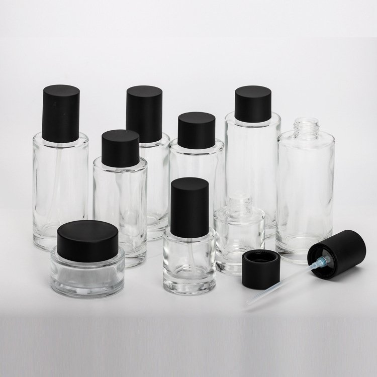 custom logo 40ml 100ml 120ml frosted cosmetics glass bottle packing 30g 50g cream jar with matt black lid