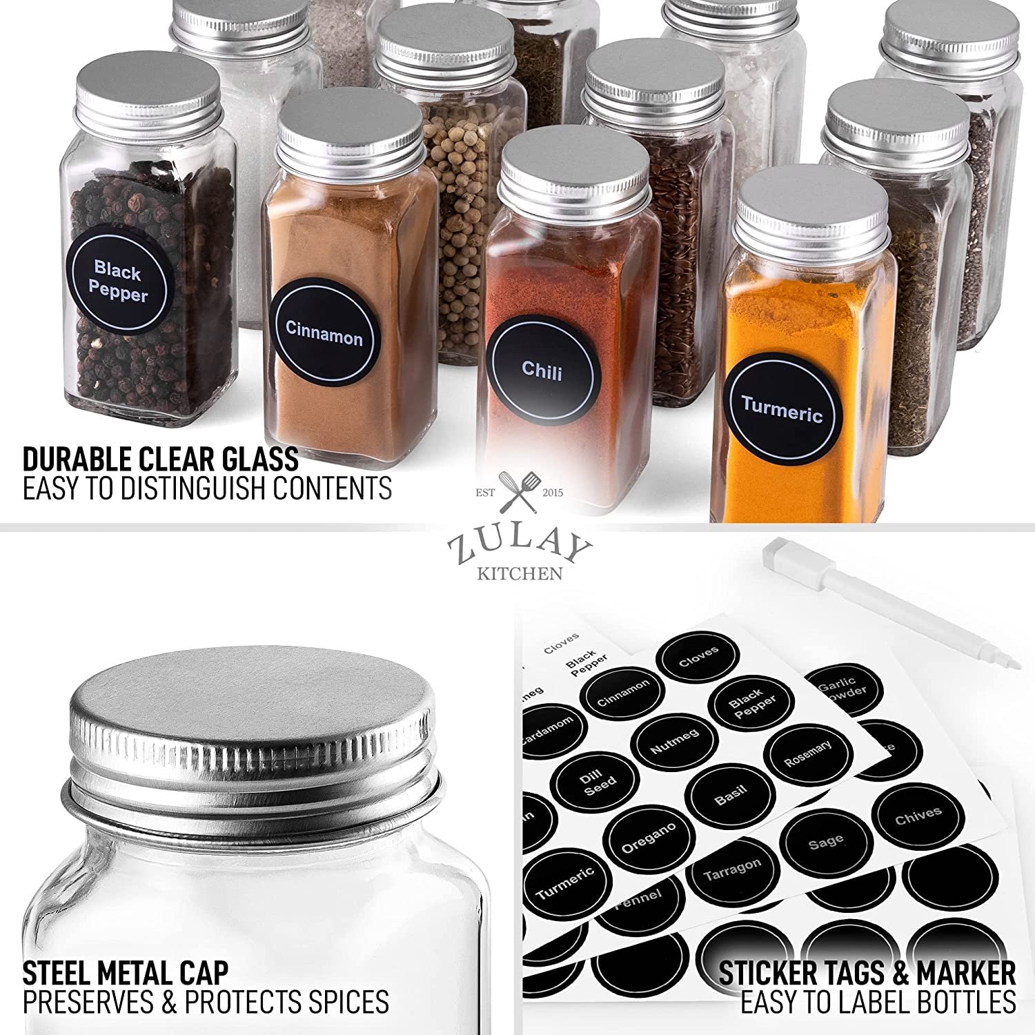 Cheap Popular 12 Glass Spice Jars 4oz Empty Square Spice Containers with Spice Labels and Airtight Metal Caps with Shaker Lids