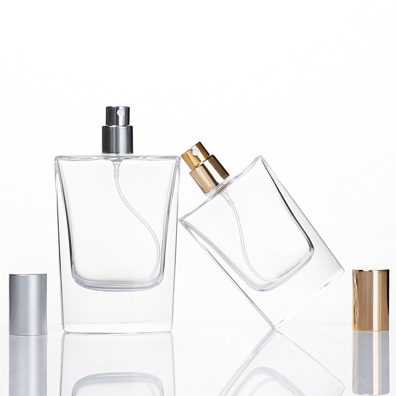 Wholesale Square Glass Perfume Scent Bottle 50ml Perfume Glass Bottle with Gold Silver Sprayer Pump