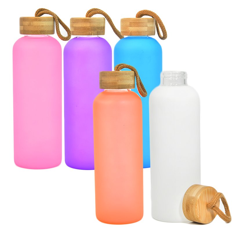 20oz frosted multi color sublimation blanks Borosilicate glass water bottle glass cups with rope bamboo lid