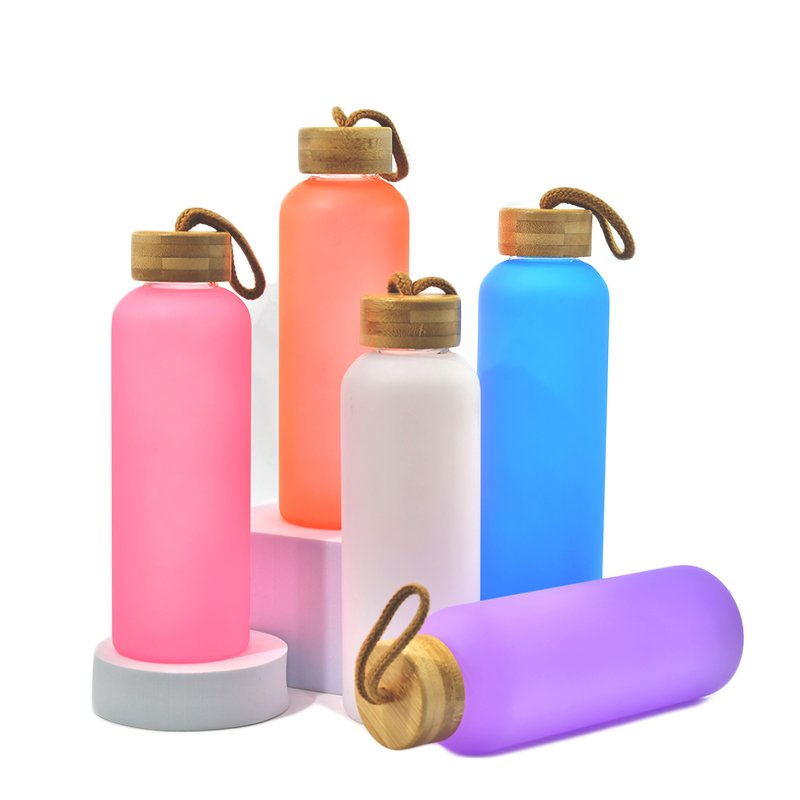20oz frosted multi color sublimation blanks Borosilicate glass water bottle glass cups with rope bamboo lid